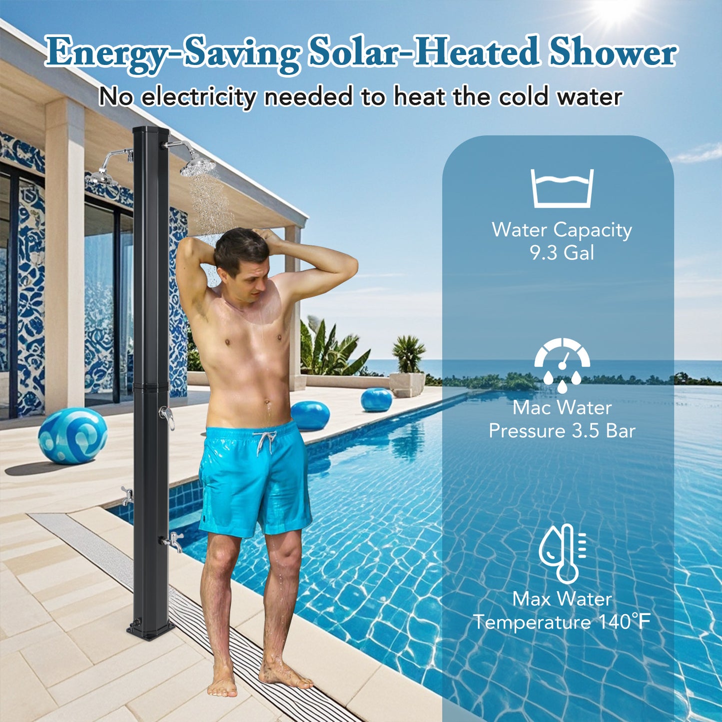 9.3 Gallon Solar Heated Outdoor Shower with Dual Shower Heads