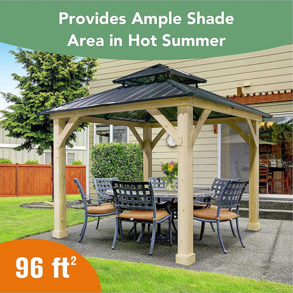 10' x 10' FT Patio Pine Wood Hardtop Gazebo with Double Steel Roof for Outdoor