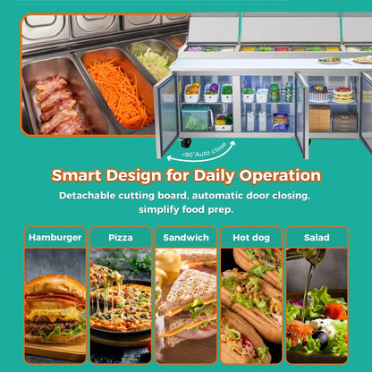 Heavy-Duty 93" Commercial Stainless Steel Pizza Prep Table With Refrigeration