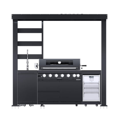 Castelle Flame Astoria 94-Inch 6-Burner 85K BTU Outdoor Kitchen Grill Island with Wine Cooler, Rotisserie, Cabinets, and Granite Countertops