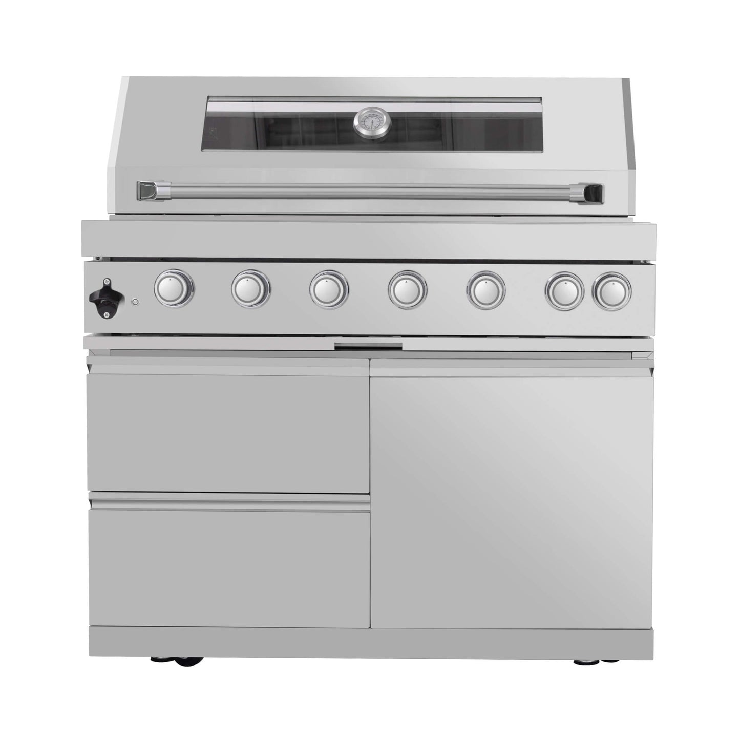 Castelle Flame Astoria 94-Inch 6-Burner 85K BTU Outdoor Kitchen Grill Island with Wine Cooler, Rotisserie, Cabinets, and Granite Countertops