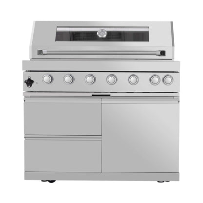 Castelle Flame Astoria 94-Inch 6-Burner 85K BTU Outdoor Kitchen Grill Island with Wine Cooler, Rotisserie, Cabinets, and Granite Countertops