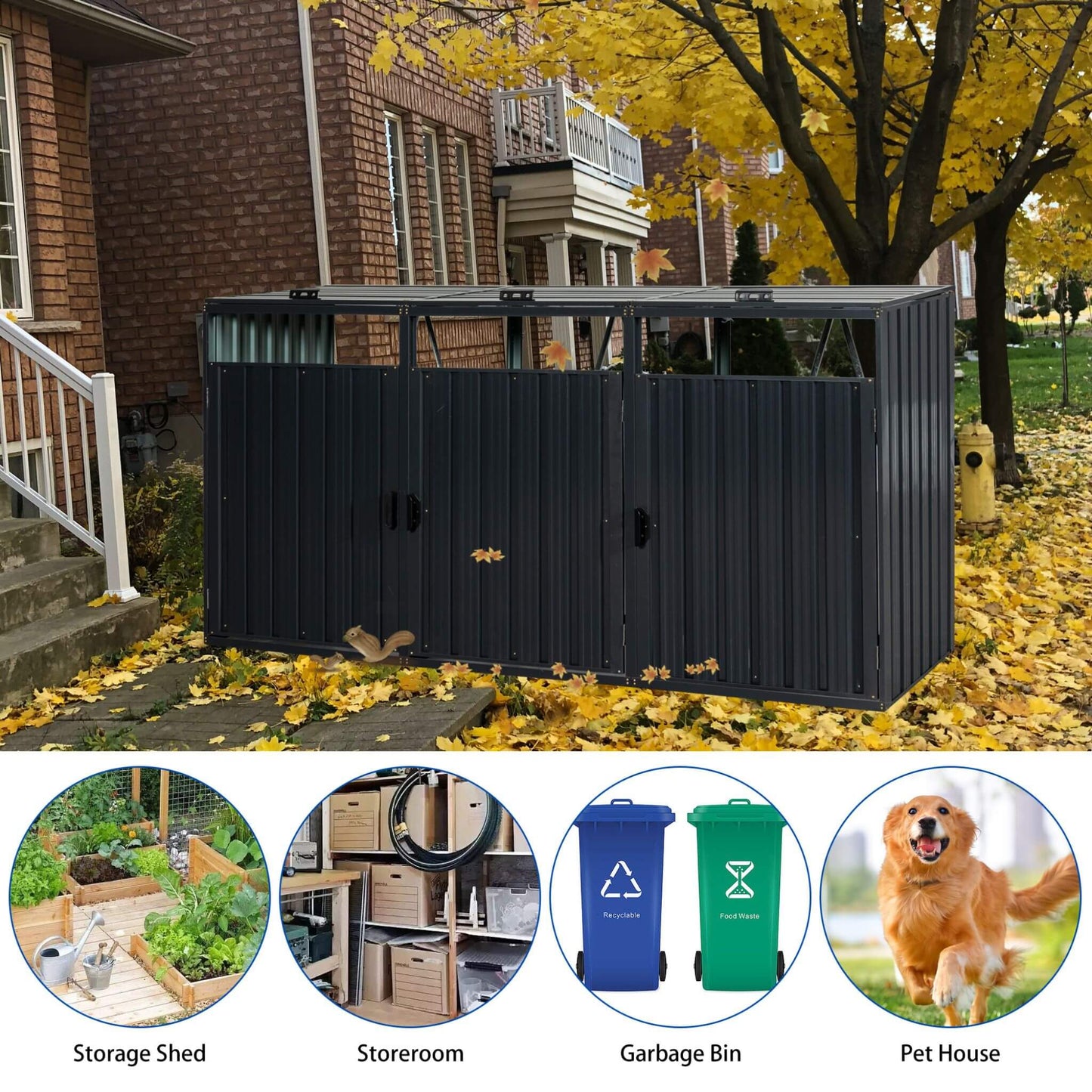 94-Inch Heavy-Duty Outdoor Galvanized Stainless Steel Garbage Bin Shed for 3 Trash Cans