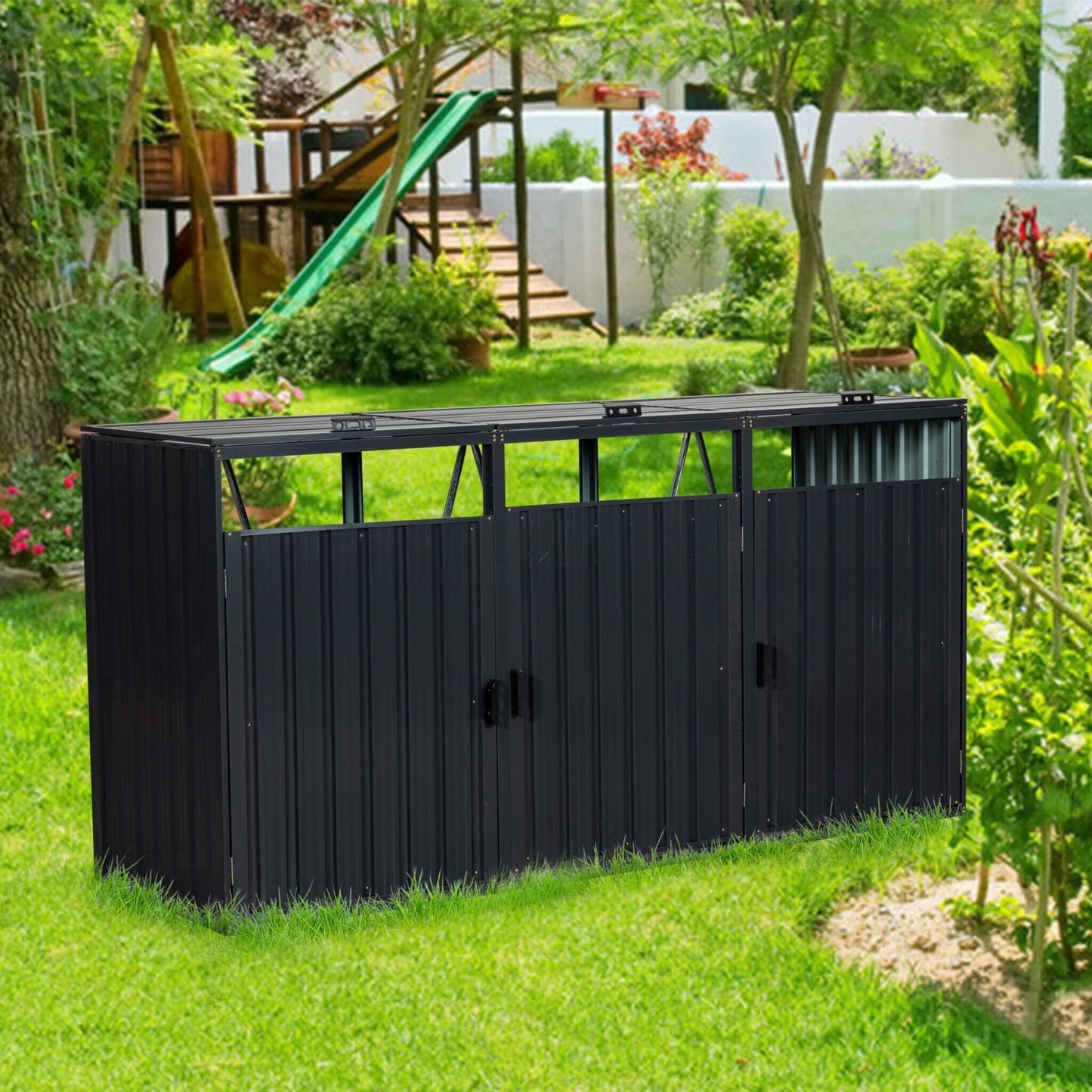 94-Inch Heavy-Duty Outdoor Galvanized Stainless Steel Garbage Bin Shed for 3 Trash Cans