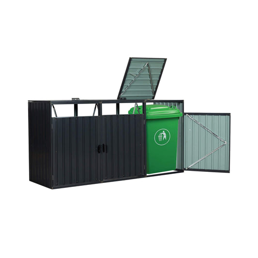 94-Inch Heavy-Duty Outdoor Galvanized Stainless Steel Garbage Bin Shed for 3 Trash Cans