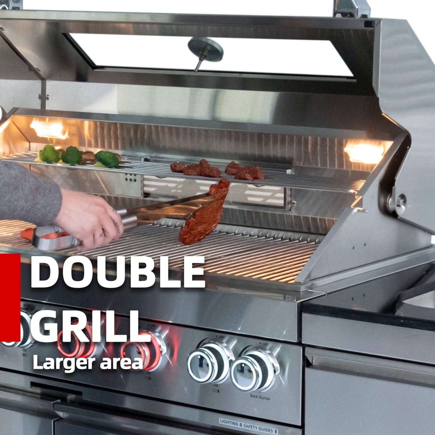 Castelle Flame Amalfi 97-Inch 4-Burner 72K BTU LP Outdoor Kitchen Grill Island with Wine Cooler, Rotisserie, Cabinets, and Granite Countertops