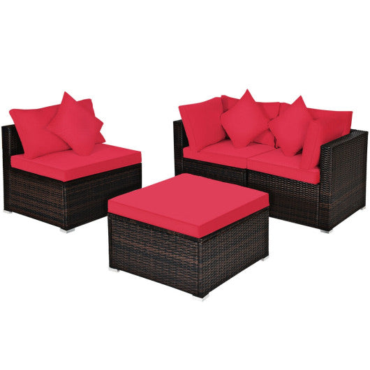 4 Pcs Ottoman Garden Deck Patio Rattan Wicker Furniture Set Cushioned Sofa - Red