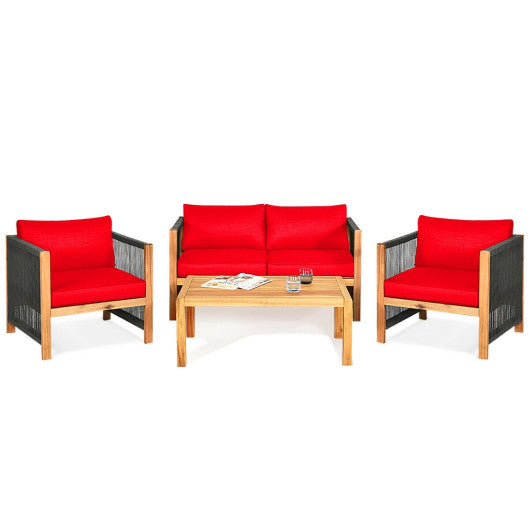 4 Pieces Acacia Wood Outdoor Patio Furniture Set with Cushions - Red