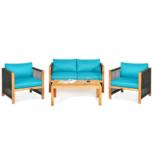 4 Pieces Acacia Wood Outdoor Patio Furniture Set with Cushions - Turquoise