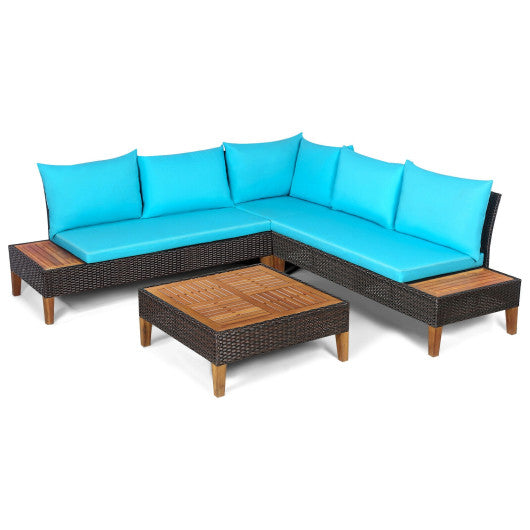 4 Pieces Patio Cushioned Rattan Furniture Set with Wooden Side Table - Turquoise