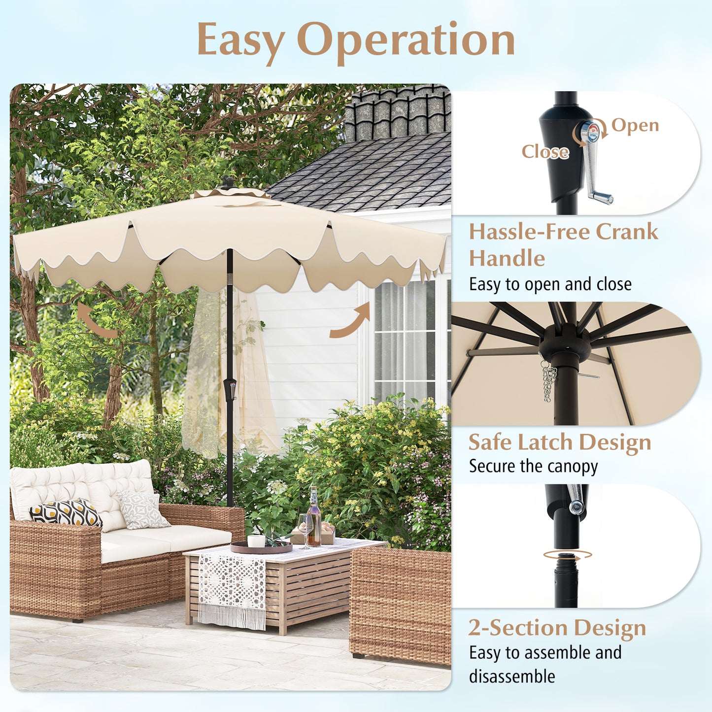 9 Feet Patio Umbrella with Crank Handle and Push Button Tilt