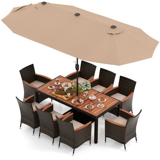 10 Piece Outdoor Dining Set with 15 Feet Double-Sided Twin Patio Umbrella - Brown