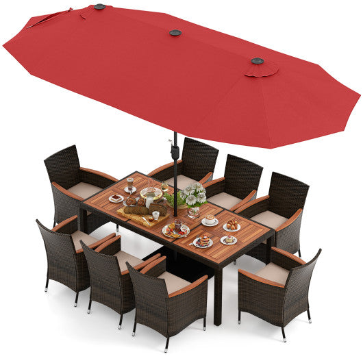 10 Piece Outdoor Dining Set with 15 Feet Double-Sided Twin Patio Umbrella - Red