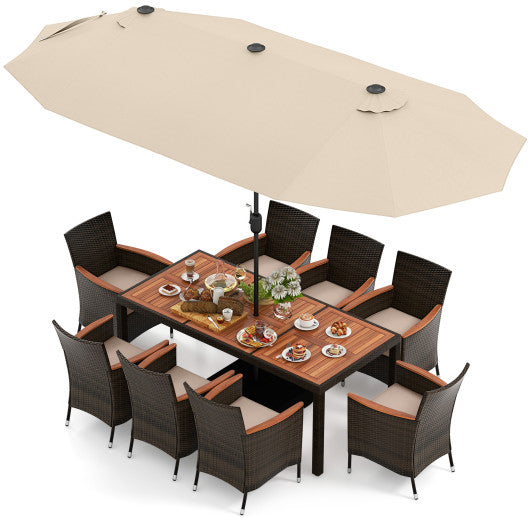 10 Piece Outdoor Dining Set with 15 Feet Double-Sided Twin Patio Umbrella - Beige