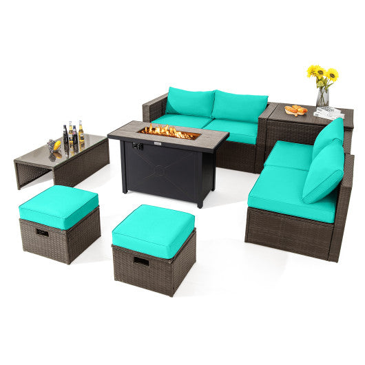 9 Pieces Outdoor Patio Furniture Set with 42 Inch Propane Fire Pit Table - Turquoise