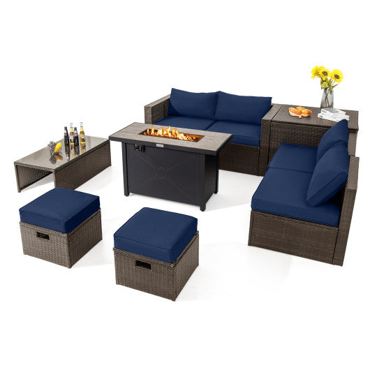 9 Pieces Outdoor Patio Furniture Set with 42 Inch Propane Fire Pit Table - Navy