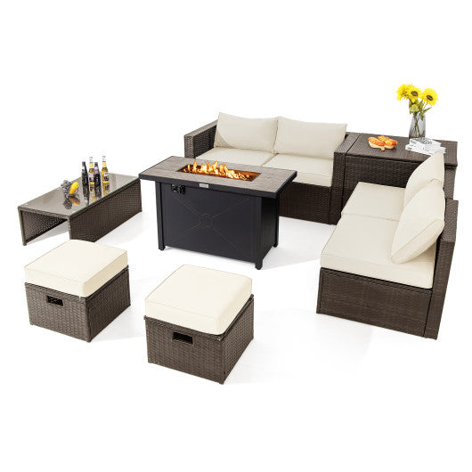9 Pieces Outdoor Patio Furniture Set with 42 Inch Propane Fire Pit Table - White