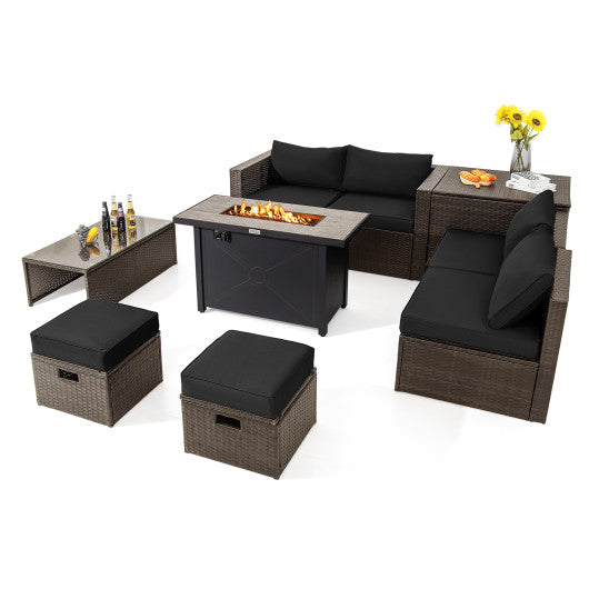 9 Pieces Outdoor Patio Furniture Set with 42 Inch Propane Fire Pit Table - Black