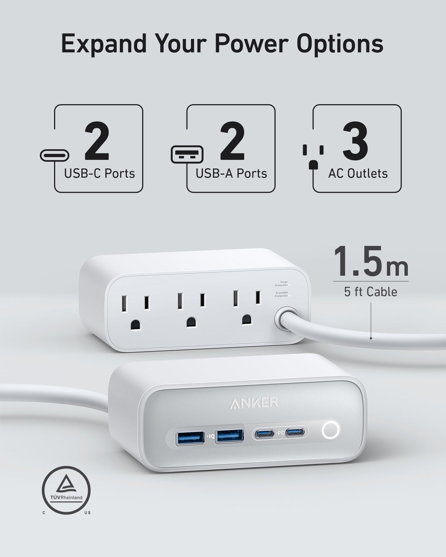 Anker 525 Charging Station - 2x USB-A 2x USB-C and 3x AC Outlets