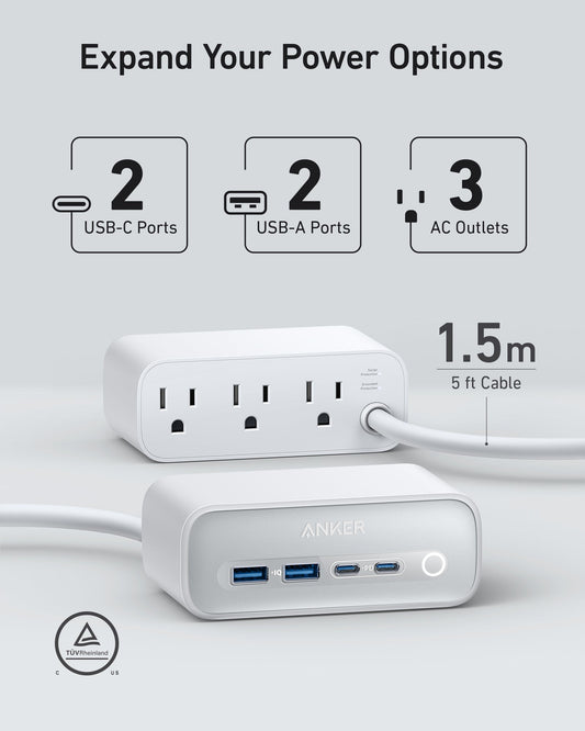Anker 525 Charging Station - 2x USB-A 2x USB-C and 3x AC Outlets