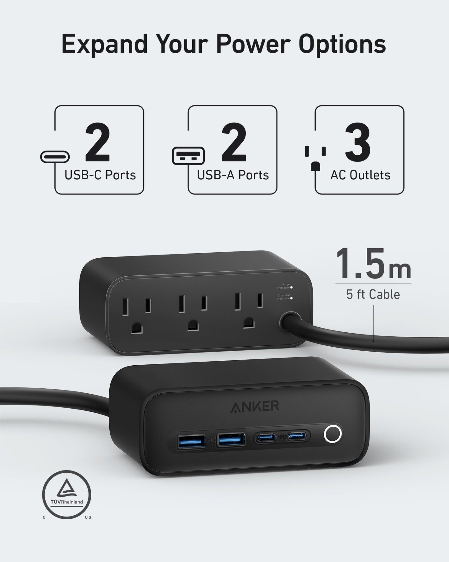 Anker 525 Charging Station - 2x USB-A 2x USB-C and 3x AC Outlets