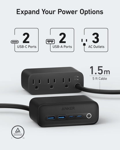 Anker 525 Charging Station - 2x USB-A 2x USB-C and 3x AC Outlets