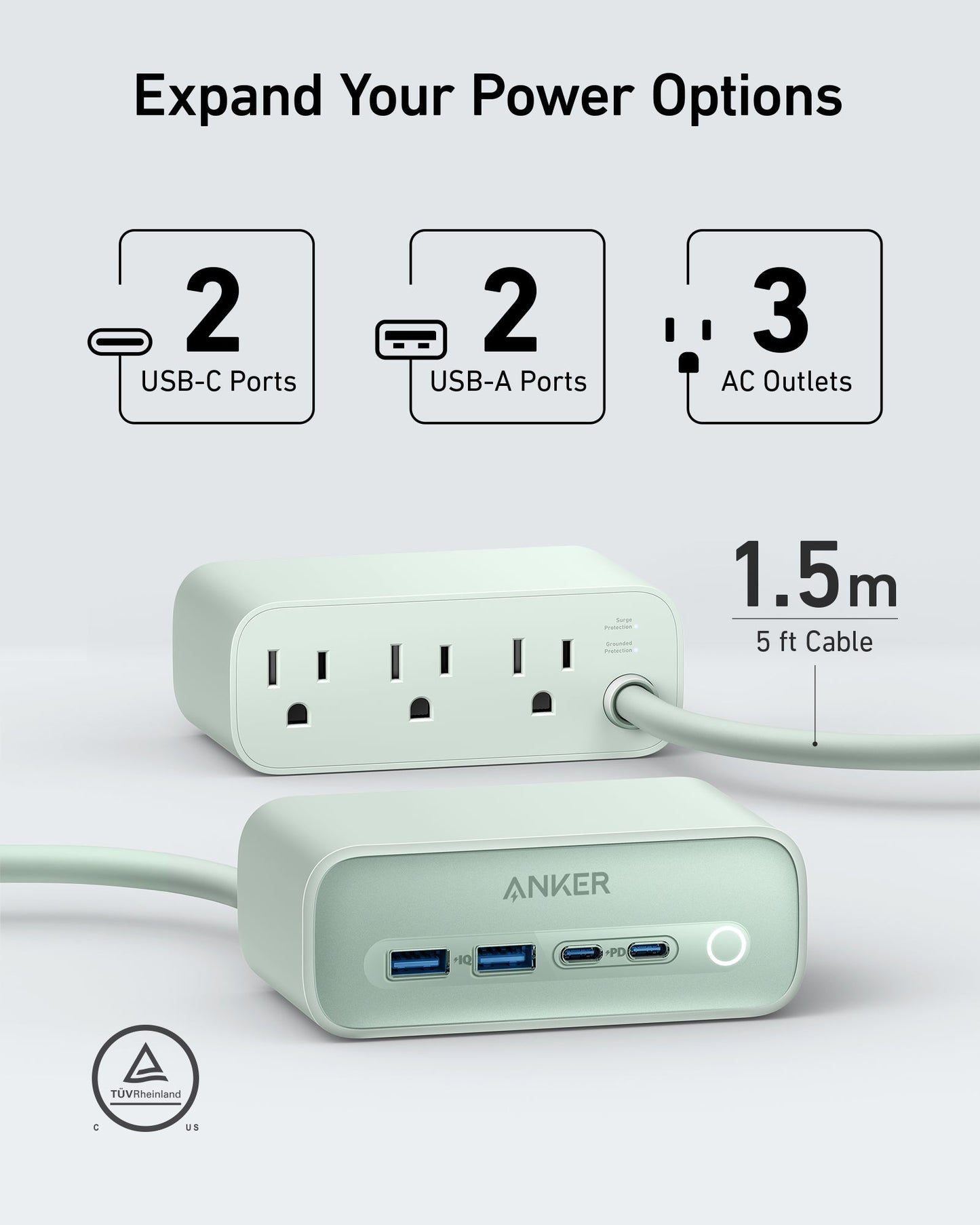 Anker 525 Charging Station - 2x USB-A 2x USB-C and 3x AC Outlets