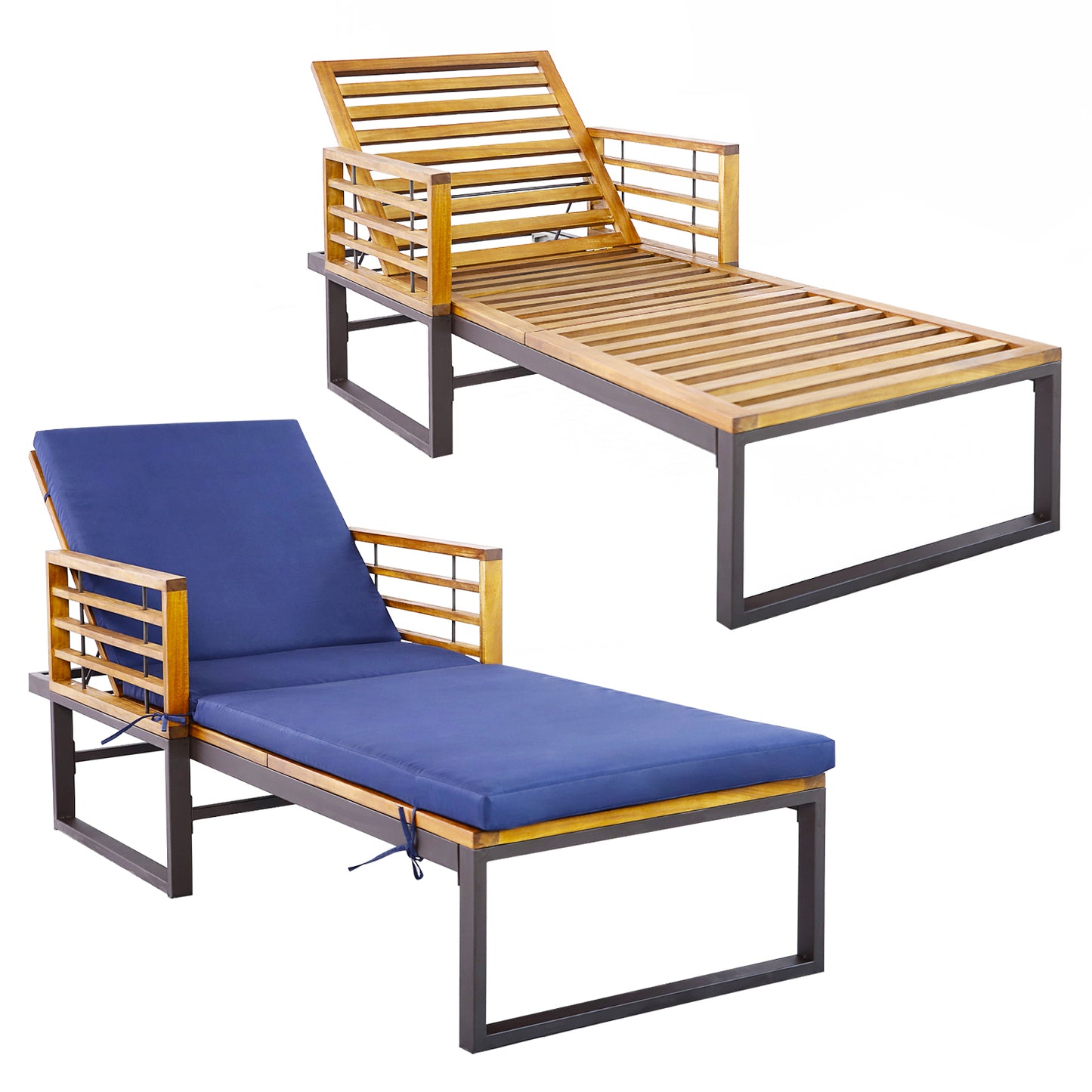 Adjustable Cushioned Patio Chaise Lounge Chair with 4-Level Backrest - Navy