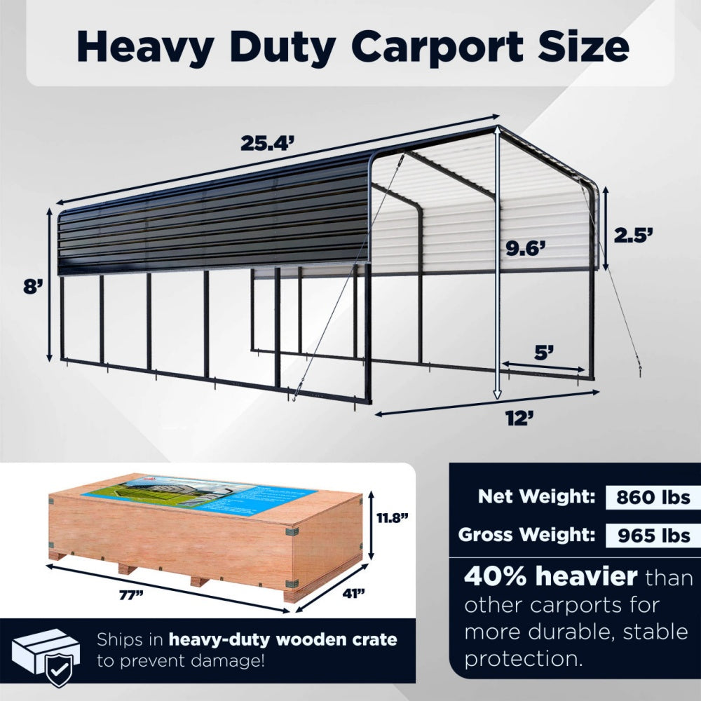 12FT x 25' Metal Carport with Corrugated Roof
