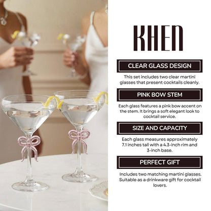 Clear Martini Glass with Pink Bow on Stem, Set of 2