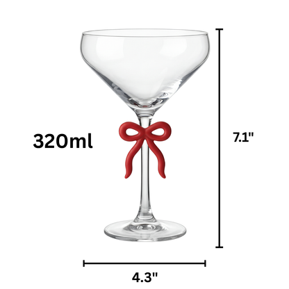 Single Clear Martini Glass with Red Bow on Stem, One Piece