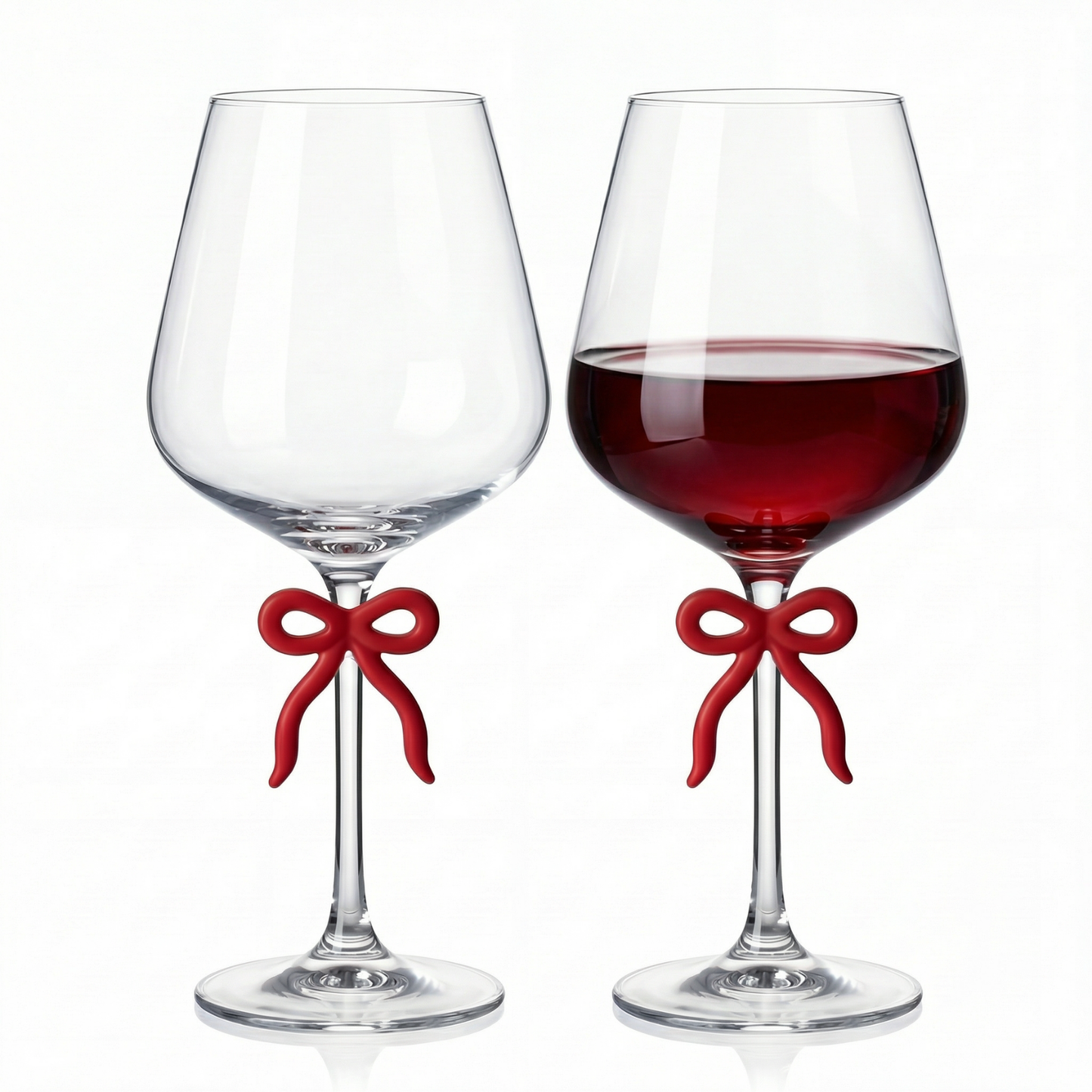 Large Clear Wine Glass with Red Bow on Stem, Set of 2