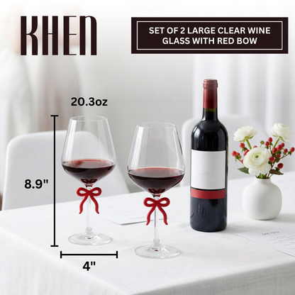 Large Clear Wine Glass with Red Bow on Stem, Set of 2
