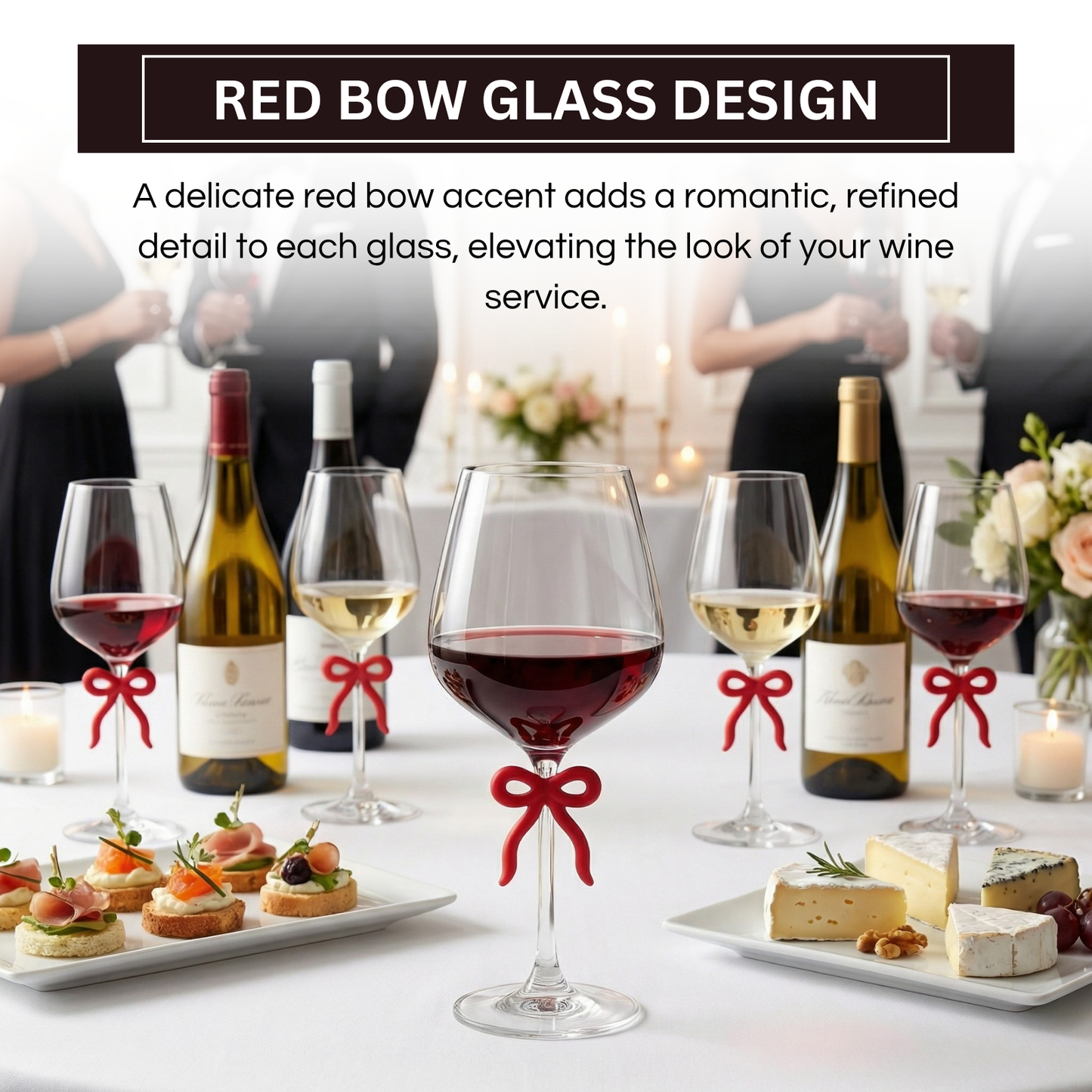 Large Clear Wine Glass with Red Bow on Stem, Set of 2