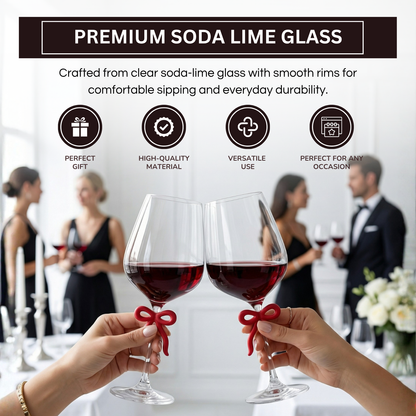 Large Clear Wine Glass with Red Bow on Stem, Set of 2