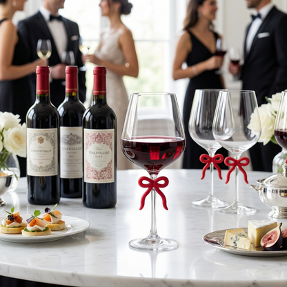 Large Clear Wine Glass with Red Bow on Stem, Set of 2