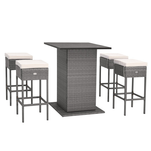 5 Pieces Outdoor Wicker Bar Table Set with Hidden Storage Shelves - White