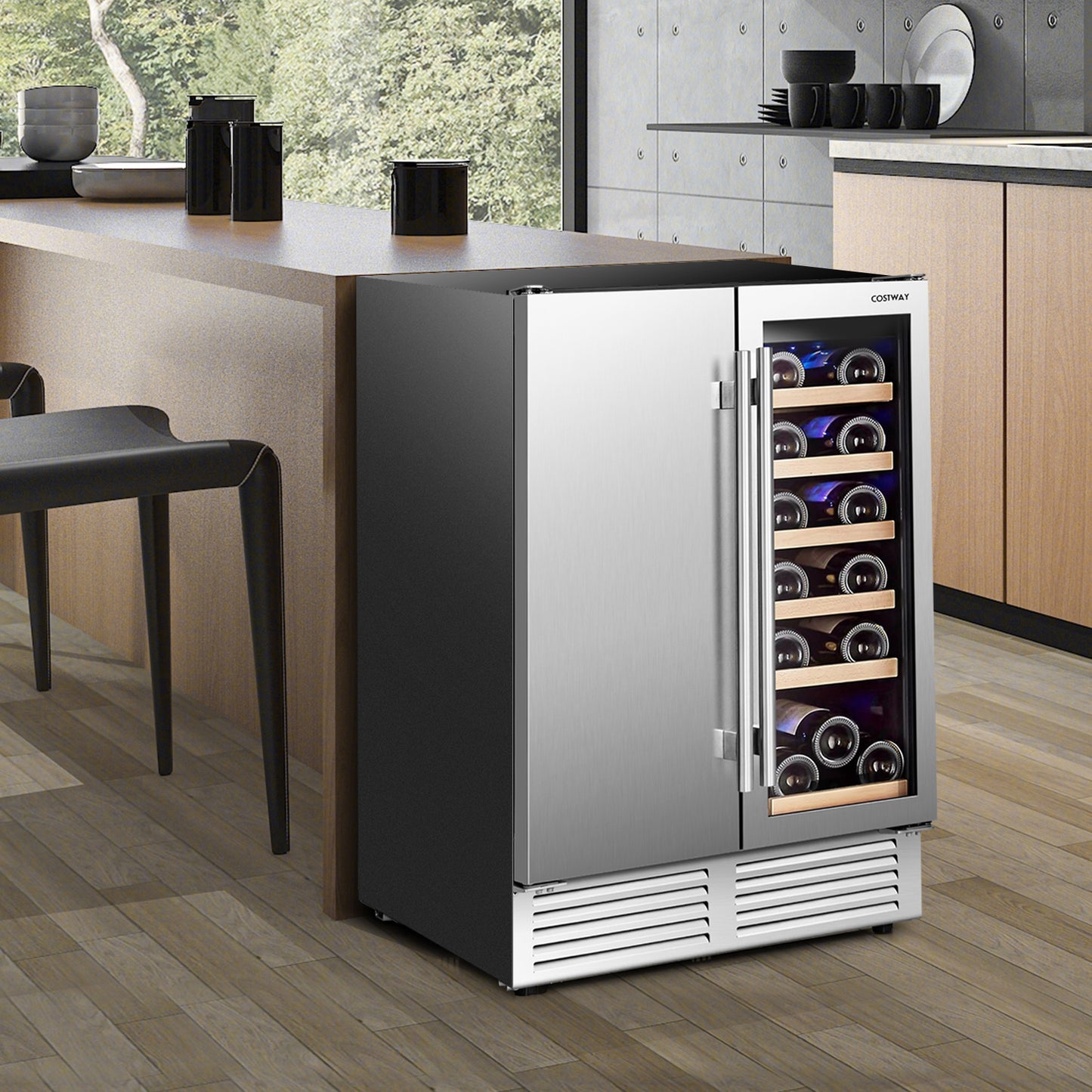 2-in-1 Beverage and Wine Cooler with Independent Temperature Control and LED Lights