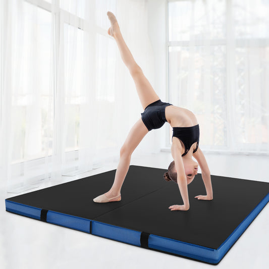Bi-Fold Gymnastics Mat Thick Folding Exercise Mat with Carrying Handles-Black