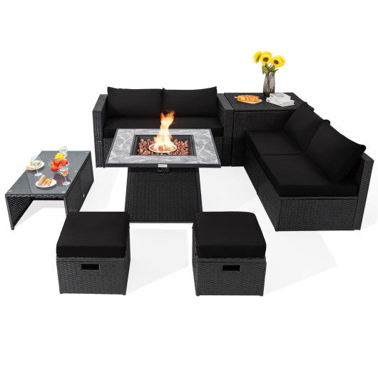 9 Pieces Outdoor Wicker Sectional with 35 Inch Gas Fire Pit Table - Black