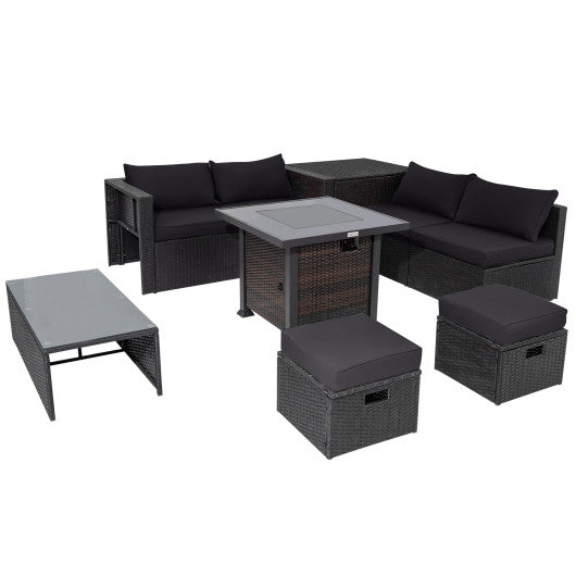 9 Pieces Patio Furniture Set with 32” Fire Pit Table and 50000 BTU Square Propane Fire Pit - Black