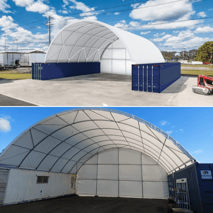 40FT x 40FT x 13FT Container Shelter with Closed Back Panel