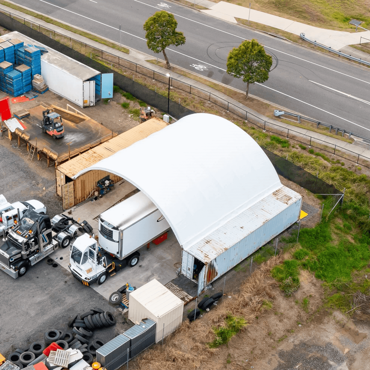 40FT x 40FT x 13FT Container Shelter with Closed Back Panel