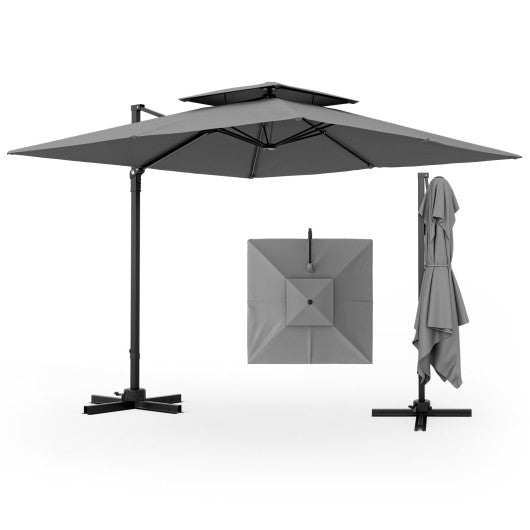 9.5 Feet Cantilever Patio Umbrella with 360° Rotation and Double Top - Gray