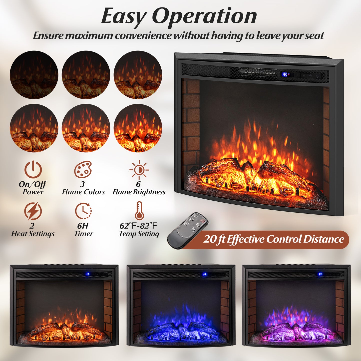 26" Curved Recessed Electric Fireplace Insert w/ Remote Control and Overheat Protection