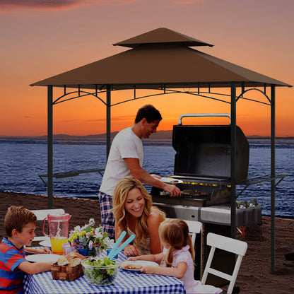 Outdoor Double-Tiered Grill Gazebo Canopy with 2 Shelves and 7 Hooks