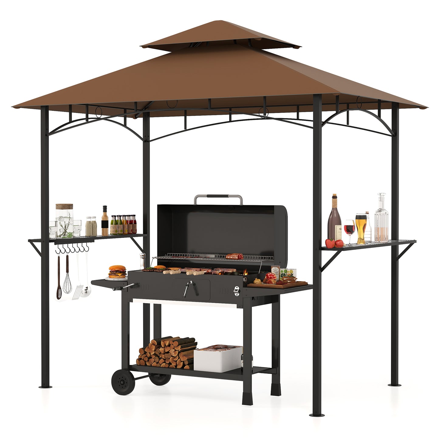Outdoor Double-Tiered Grill Gazebo Canopy with 2 Shelves and 7 Hooks