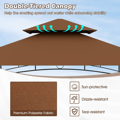 Outdoor Double-Tiered Grill Gazebo Canopy with 2 Shelves and 7 Hooks