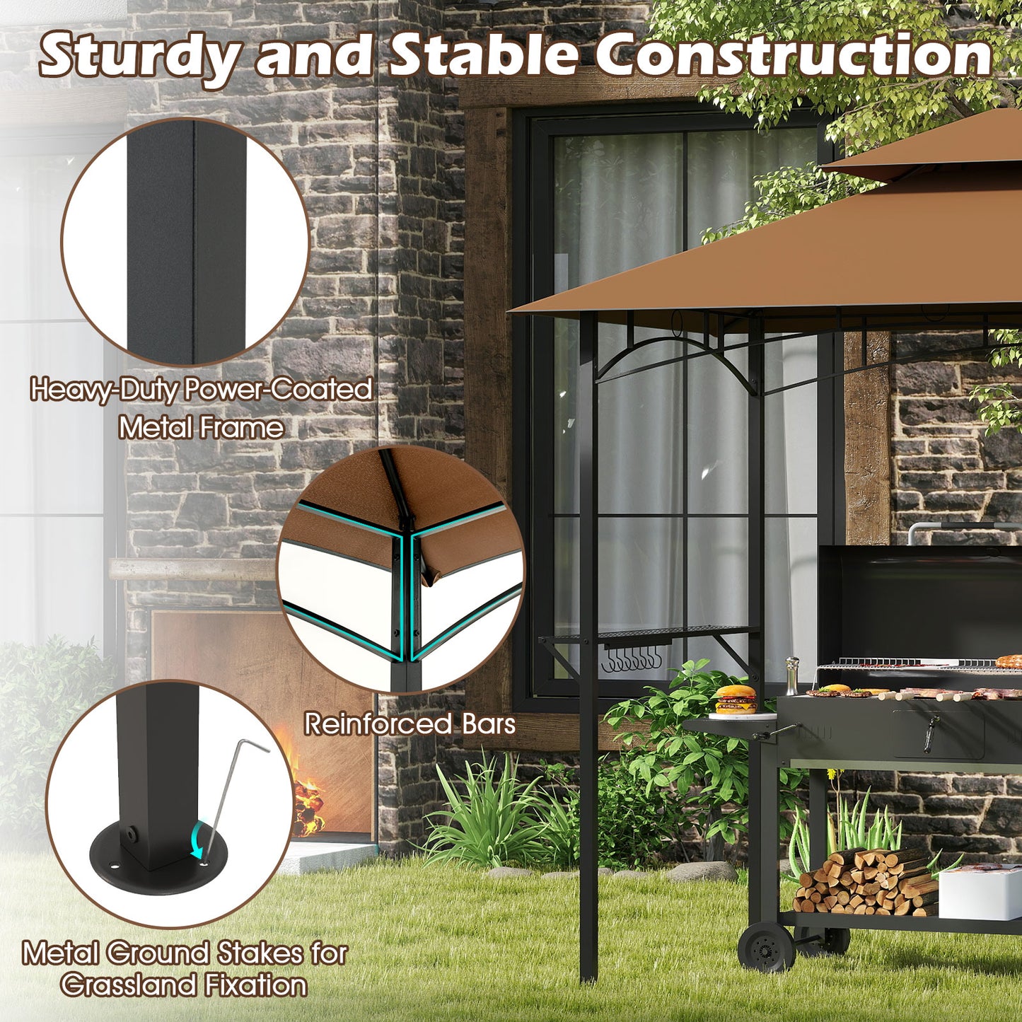 Outdoor Double-Tiered Grill Gazebo Canopy with 2 Shelves and 7 Hooks