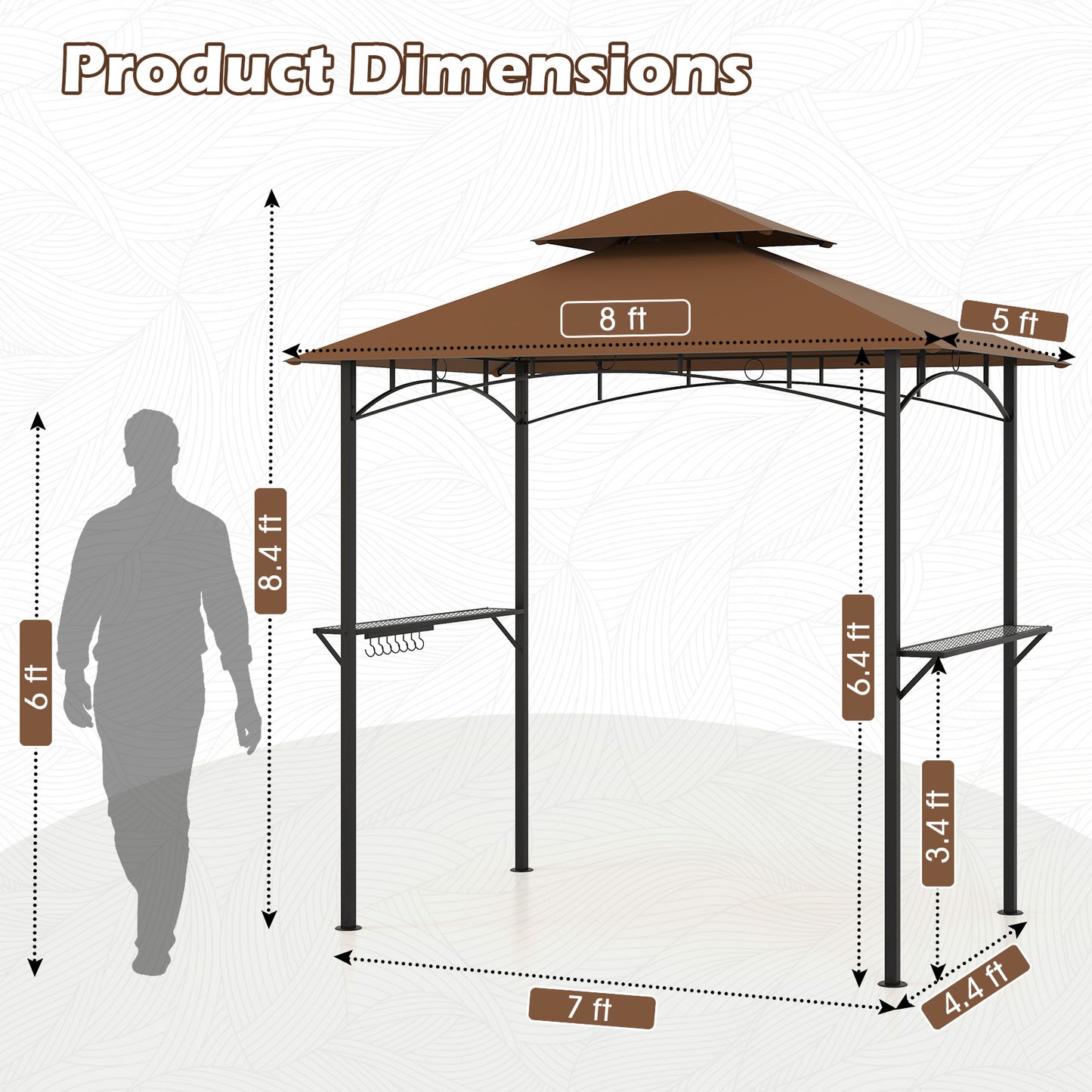 Outdoor Double-Tiered Grill Gazebo Canopy with 2 Shelves and 7 Hooks